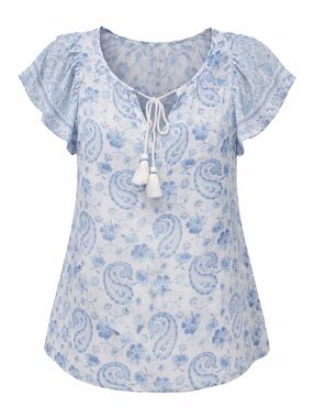Lucky Brand Peasant Top Floral Paisley Boho Tassels flutter short sleeve M